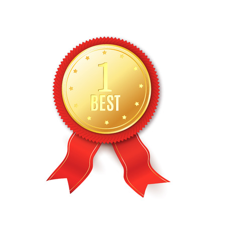 Red best quality rosette with gold plate on white background.  Vector designのイラスト素材