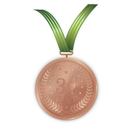 Champion Bronze medal with green ribbon on white background. Vector design.のイラスト素材