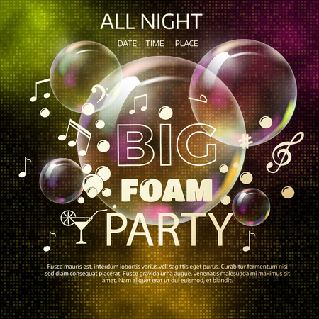 festive banner design template for summer foam Night Party with bubbles around glowing circle. Magic blurred disco background with blue and purple color lightsのイラスト素材