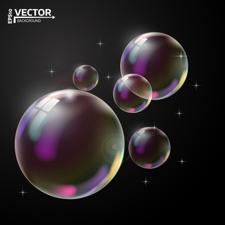 Transparent soap bubble. realistic illustration on black backgroundのイラスト素材