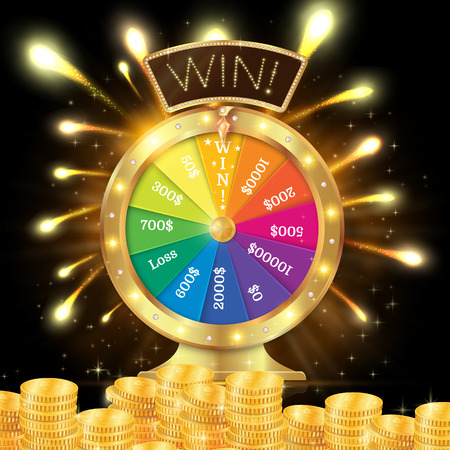 Realistic 3d spinning fortune wheel, lucky roulette illustration. Win. firework explosion. Gold coins stack.のイラスト素材