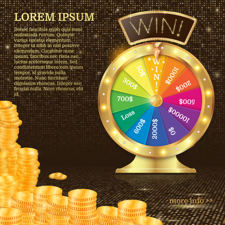 Realistic 3d spinning fortune wheel, lucky roulette illustration. Win. firework explosion. Gold coins stack.のイラスト素材