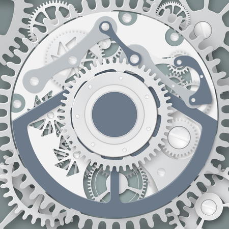 Abstract  clockwork mechanism. White gears with centre on the gray background illustration. Cover design.のイラスト素材