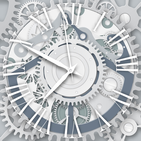 clock with Roman numerals.  Clockwork mechanism. White gears with centre on the gray background.のイラスト素材