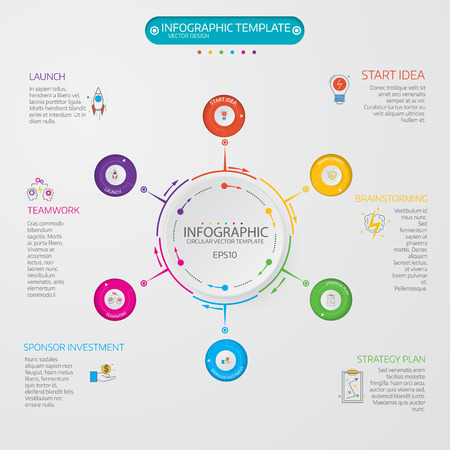 Business data visualization. Process chart. Abstract elements of graph, diagram with 6 steps, options, parts or processes. Vector business template for presentation. Creative concept for infographic. Linear icons. StartUPのイラスト素材