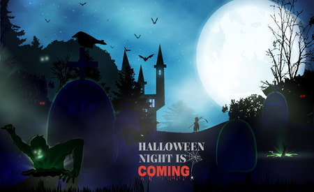 Halloween night background with pumpkin, haunted house and full moon. Flyer or invitation template for Halloween party. Vector illustration.のイラスト素材
