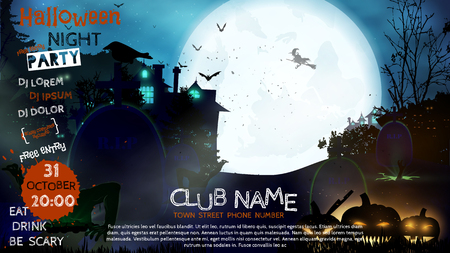 Flyer or invitation template for Halloween party. Vector illustration. Pumpkin, gravestone, cemetery, mansion, cross, scary forest, moon, witch on a broom, bats, full moon. Vector illustrationのイラスト素材