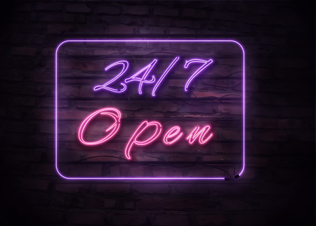 Neon Open 24/7 sign on brick wall background. Realistic glowing neon inscription.