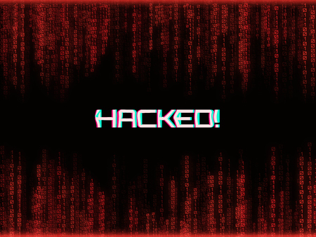 Abstract digital background with red color of binary code and "hacked" word with glitch effect.のイラスト素材