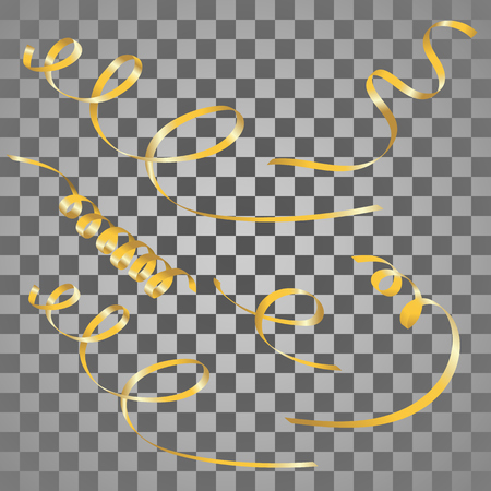 Gold streamers set. Golden serpentine ribbons, isolated on transparent background. Decoration for party, birthday celebrate or Christmas carnival, New Year gift. Festival decor. Vector illustrationのイラスト素材