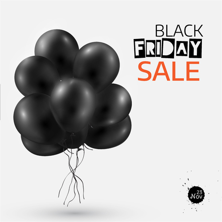Black friday sale banner template with black balloons. Isolated on white. Card, poster, placard, flyer, voucher. Vector illustration. Card, poster, placard, flyer, voucher. Vector illustration.のイラスト素材