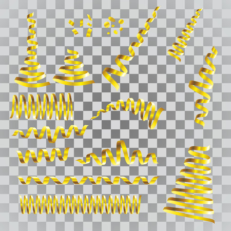 Gold streamers set. Golden serpentine ribbons, isolated on transparent background. Decoration for party, birthday celebrate or Christmas carnival, New Year gift. Festival decor. Vector illustrationのイラスト素材
