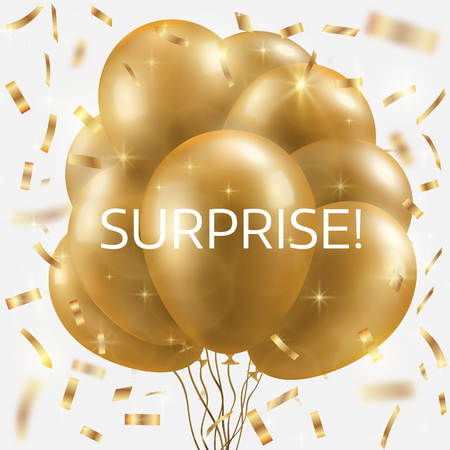 Golden balloons bundle, and falling confetti. Winner concept. Vector illustration.のイラスト素材