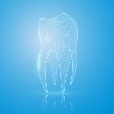  3D mesh tooth on a blue background. Tooth reconstruction concept.のイラスト素材