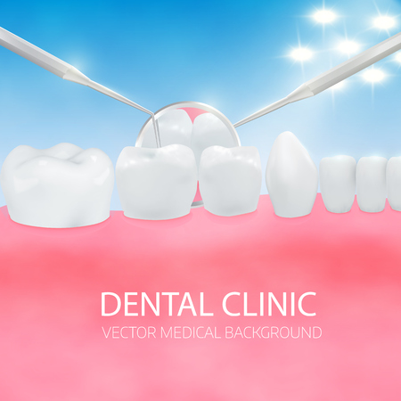 Oral cavity with white teeth gum and dental equipment, dental diagnostic concept illustration.のイラスト素材
