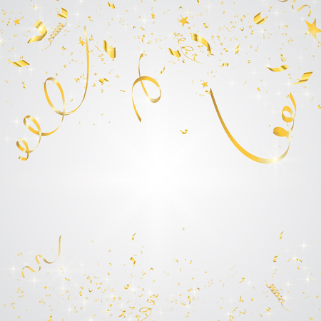 Party golden confetti streamers. Tinsel spiral and twisted hanging ribbon. Vector illustrationのイラスト素材