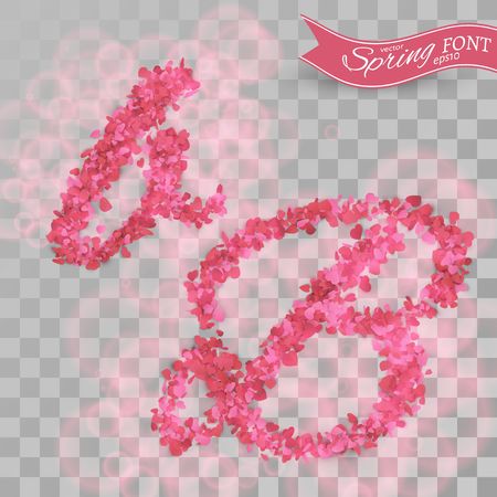 Confetti font illustration. Scattered pink paper hearts. Letter B on transparent background.のイラスト素材