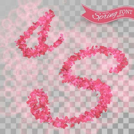 Confetti font illustration. Scattered pink paper hearts. Letter S on transparent background.のイラスト素材