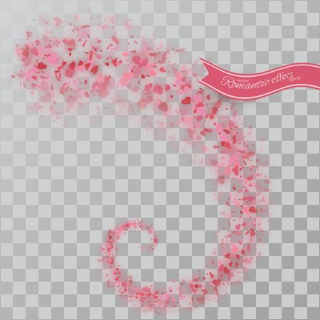 Heart confetti of Valentines petals falling on transparent background. Valentines Day background of red hearts petals falling. Decor element for greeting cards.のイラスト素材