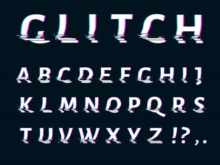 Vector distorted glitch font. Trendy style lettering typeface. Latin letters from A to Z. Black and white channels.のイラスト素材