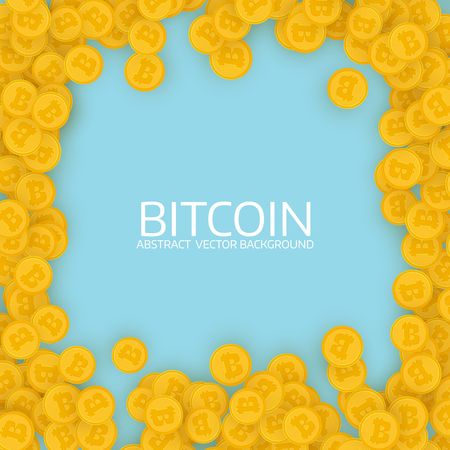 Scattered gold bitcoins. Flat design. Golden frame. Infographic template. Abstract vector backgroundのイラスト素材