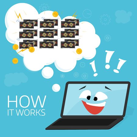 Cute  happy laptop thinking about mining. Cartoon style. Flat vector illustrationのイラスト素材