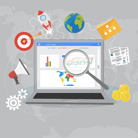 Colorful flat illustration web analytics design , SEO optimization. Search Engine Optimization. Laptop with Graph,Magnifying Glass, target, gears and other flat icons.のイラスト素材