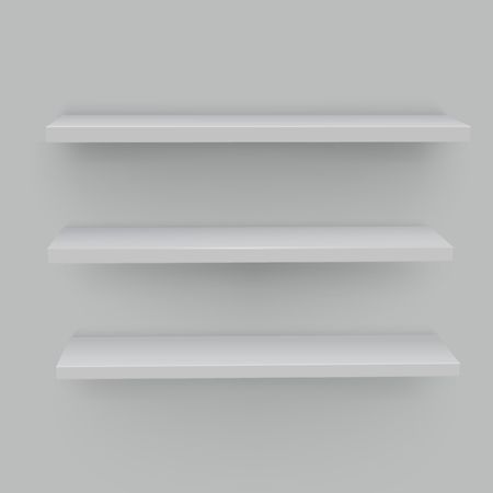 White shelves on white background. Realistic, voluminous racks with a shadow. Vector illustrations of empty store stand in the supermarket, front viewのイラスト素材