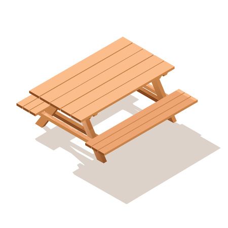 Isometric street wooden table with benches. 3d vector outdoor furniture icon. Realistic long shadow.のイラスト素材