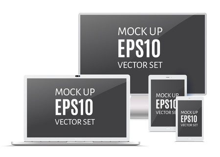  Electronic gadgets, isolated, on white background. Computer monitor, laptop, tablet and mobile phone. Realistic vector mock up.のイラスト素材