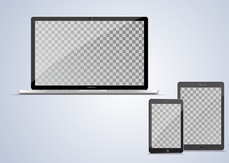  Electronic gadgets, isolated, on white background. Computer monitor, laptop, tablet and mobile phone. Realistic vector mock up.のイラスト素材