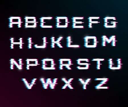 Vector distorted glitch font. Modern style lettering typeface. Latin letters from A to Z.  blue and red channels. Glow effect.のイラスト素材