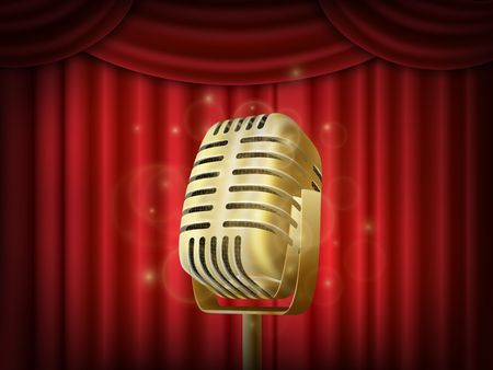 Vintage metal microphone. Red silk curtain backdrop. Retro mic on empty theatre stage.のイラスト素材