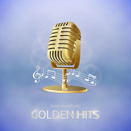  Golden  old vintage microphone icon. Radio station banner. Musical hits.  Vector design.のイラスト素材