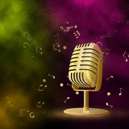 Karaoke party background with  gold retro microphone.  Colorful  Smoke. gold glitter. Vector illustration. Festive background.のイラスト素材