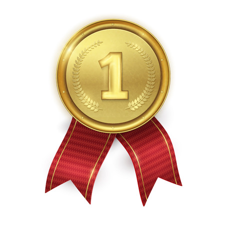 Golden realistic medal with red ribbons isolated on white backgrのイラスト素材