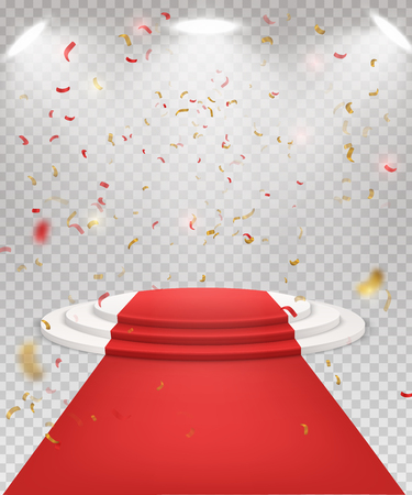 Abstract festive background with 3d three-step podium and red carpet. Spotlights and falling golden confetti. Ceremony of awarding the champion. concept of the winner.のイラスト素材