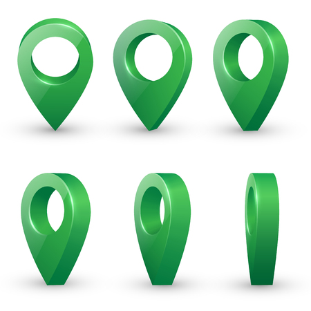 Shiny green metal realistic map pointers vector set in various angles. Map pointer 3d pin. Location symbols.のイラスト素材