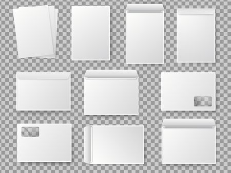 Vector blank white paper C4 envelope set. Realistic mockup for paper A4. Different types of envelopesのイラスト素材