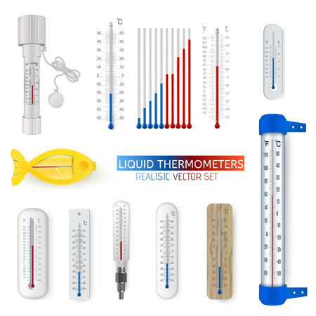 Vector set of realistic various household and meteorological liquid thermometers with celsius and fahrenheit scales, red and blue mercurial indicator isolated vector illustrationのイラスト素材