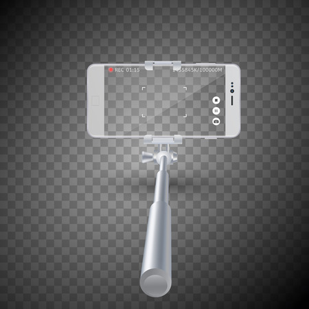 Vector illustration of Monopod Selfie stick with smartphone. Empty screen. Video recording. Realistic vector mockup. Empty frame.のイラスト素材