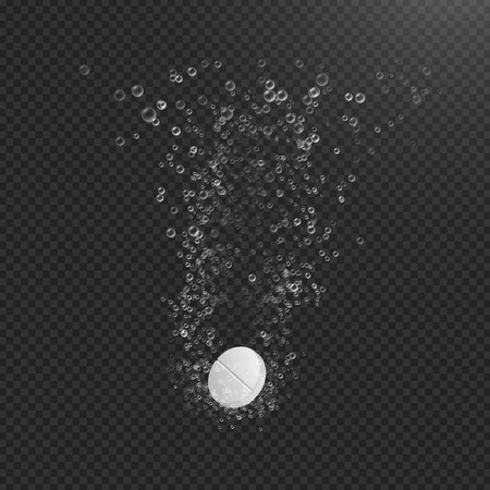 Soluble tablets in liquid with bubbles. Realistic  illustration. Dissolving process.のイラスト素材