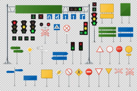 Big Realistic Set Of Road Signs And Traffic Lights And Semaphores.のイラスト素材