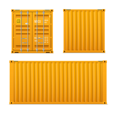 Realistic bright yellow cargo container set. The concept of transportation. Closed container. Front, back and side. Realistic vectors set on white background.のイラスト素材