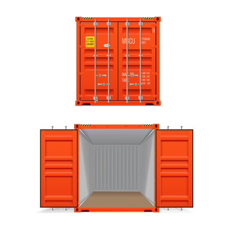 Realistic set of bright red cargo containers.   Open and closed. Delivery, transportation, shipping freight transportation.のイラスト素材