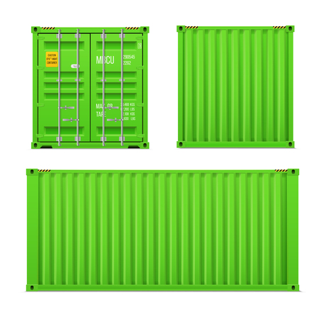 Realistic bright green cargo container set. The concept of transportation. Closed container. Front, back and side. Realistic vectors set on white background.のイラスト素材