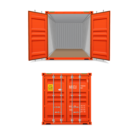 Realistic set of bright red cargo containers.   Open and closed. Delivery, transportation, shipping freight transportation.のイラスト素材