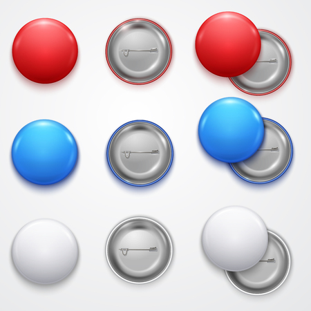 Realistic 3d Empty Color Blank Circle Button Badge Pin Set Front Side Element Presentation and Advertising Retail. Vector illustration of Buttons Badges Pinsのイラスト素材