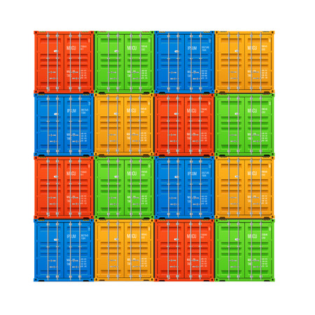 Freight shipping, stacked cargo containers. Realistic vector illustration on white backgroundのイラスト素材