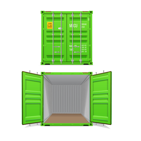 Realistic set of bright green cargo containers.   Open and closed. Delivery, transportation, shipping freight transportation.のイラスト素材